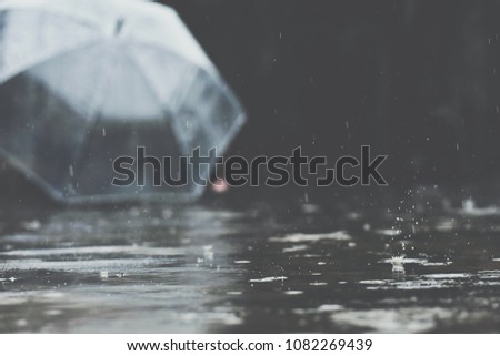 Falling raindrops and Blurry umbrella background,view of rainy day