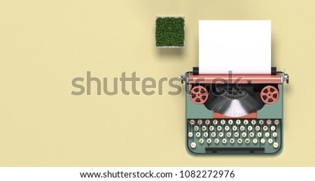 mock up typewriter paper and pen,eyeglasses,top view on the table colorful education in front of yellow wall lovely picture for copy space minimal fruit and object concept pastel colorful Royalty-Free Stock Photo #1082272976