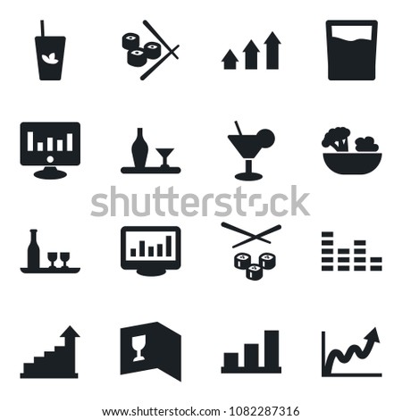 Set of vector isolated black icon - growth statistic vector, monitor, equalizer, statistics, bar graph, alcohol, wine card, drink, cocktail, phyto, salad, sushi, arrow up