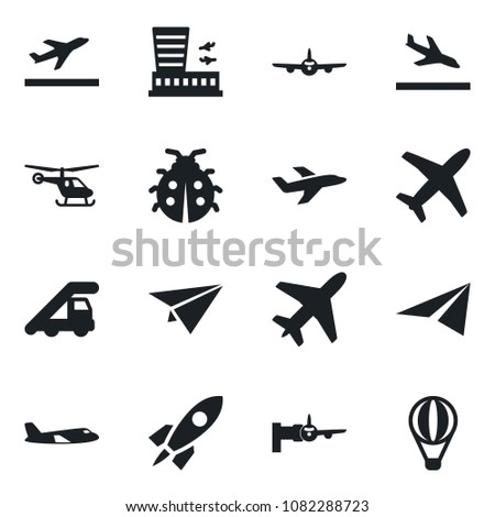 Set of vector isolated black icon - plane vector, departure, arrival, ladder car, boarding, helicopter, airport building, lady bug, rocket, paper, air balloon