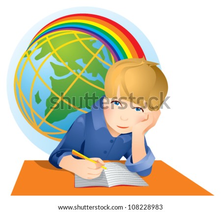 funny schoolboy doing homework isolated