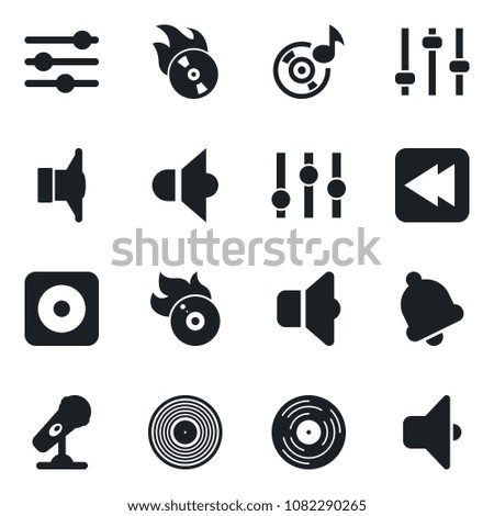Set of vector isolated black icon - vinyl vector, flame disk, microphone, speaker, settings, rewind, rec button, tuning, bell, music, sound
