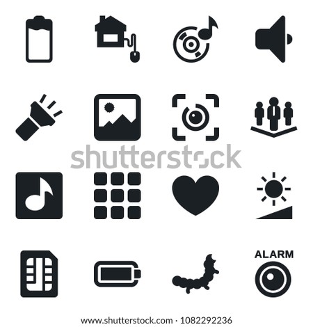 Set of vector isolated black icon - caterpillar vector, heart, battery, menu, gallery, sim, torch, brightness, eye id, music, company, home control, sound, alarm led