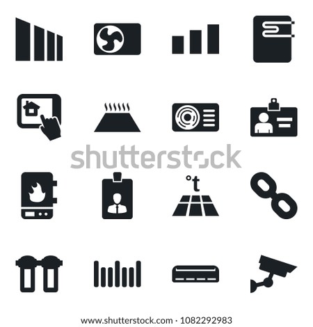 Set of vector isolated black icon - identity card vector, sorting, barcode, chain, air conditioner, water heater, home control app, filter, warm floor, surveillance