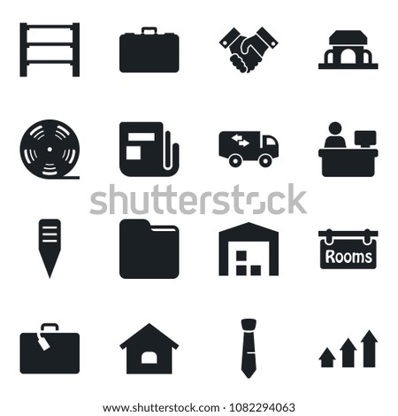 Set of vector isolated black icon - suitcase vector, case, manager place, plant label, rack, reel, news, folder, tie, handshake, house, warehouse, rooms, moving, cafe building, arrow up graph