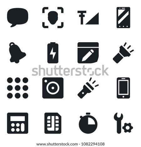Set of vector isolated black icon - mobile phone vector, menu, message, camera, calculator, stopwatch, bell, sim, notes, torch, face id, cellular signal, charge, root setup