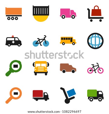 solid vector icon set - school bus vector, world, bike, truck trailer, sea container, delivery, car, cargo search, amkbulance, trolley