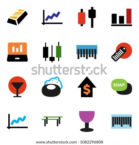 solid vector icon set - soap vector, graph, gold ingot, japanese candle, laptop, dollar growth, horizontal bar, glass, barcode