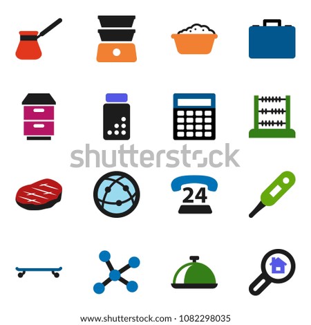 solid vector icon set - foam basin vector, turk coffee, double boiler, dish, steak, abacus, case, calculator, pills vial, skateboard, phone 24, internet, thermometer, network, search estate