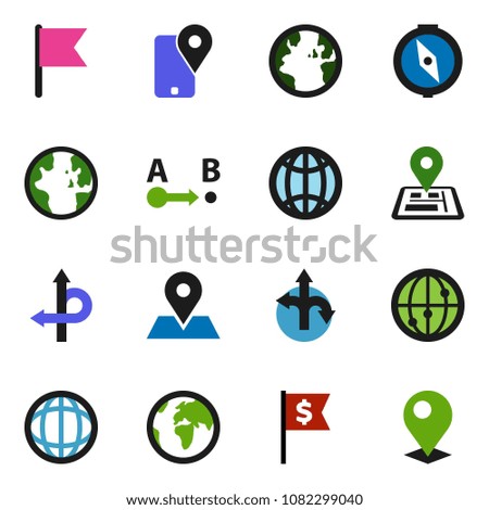 solid vector icon set - compass vector, world, flag, dollar, route, navigator, earth, map pin, traking, internet, globe