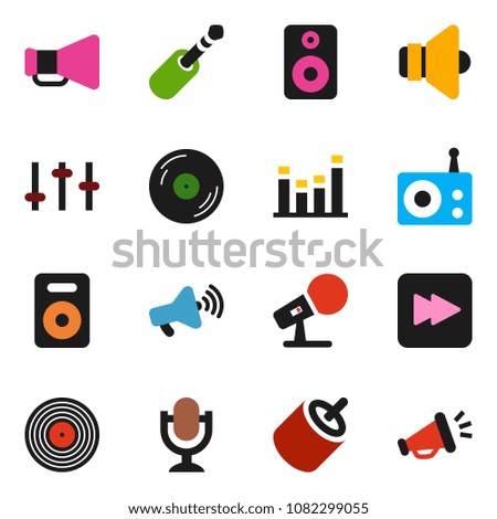 solid vector icon set - disk vector, microphone, radio, speaker, loudspeaker, settings, equalizer, forward button, rca, jack