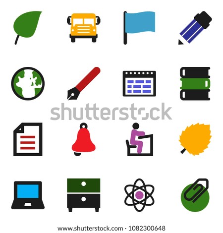 solid vector icon set - book vector, pen, pencil, student, atom, bell, notebook pc, schedule, school bus, world, document, archive, flag, leaf, attachment
