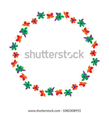 Colorful wreath made of flowers and butterflies vector illustration.