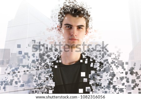 Abstract crumbling attractive man portrait on light city background. Double exposure 