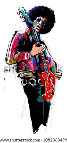 Guitar player with red electric guitar - vector illustration