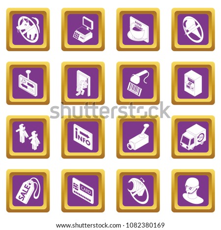 Shop navigation foods icons set vector purple square isolated on white background 