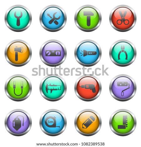 work tools vector icons on color glass buttons