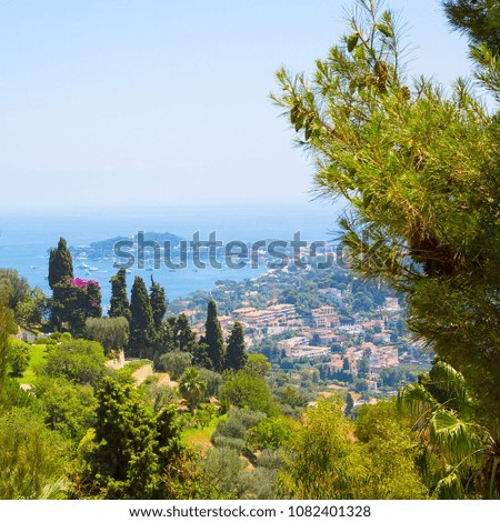 Beautiful Top View of bay Cote d'Azur. Luxury resort Villefranche-sur-Mer on French Riviera at Mediterranean Sea. Amazing Landscape. Europe. France. Square image