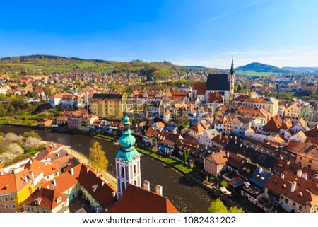 Aerial view of roof panorama view to church and castle in Cesky Krumlov, Czech republic