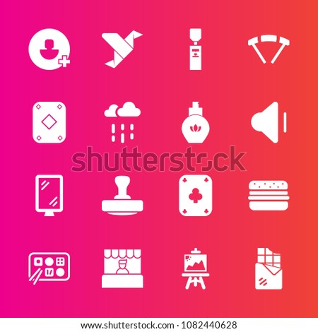 Premium set with fill vector icons. Such as bar, weather, extreme, wet, game, fashion, origami, road, rainy, drawing, poker, bottle, creative, liquid, perfume, art, chinese, sky, parachute, artist