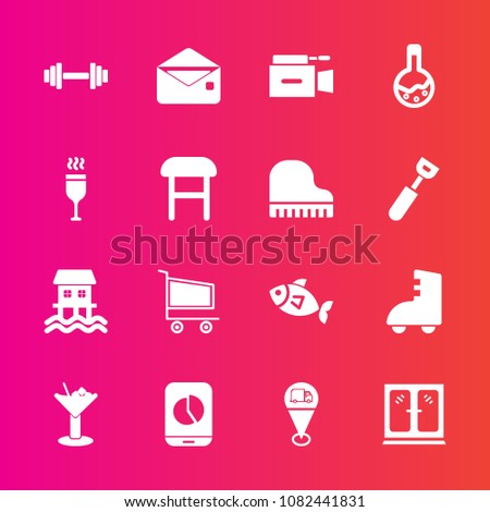 Premium set with fill vector icons. Such as map, mail, location, alcohol, skating, envelope, television, mobile, food, furniture, retail, cabinet, home, chart, roller, communication, sea, tool, fish