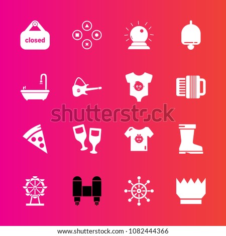 Premium set with fill vector icons. Such as baby, glass, carousel, queen, banner, style, helm, spaceship, drink, kid, london, royal, shop, play, sign, computer, wheel, game, sorcery, space, lunch, eye
