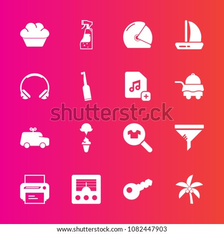 Premium set with fill vector icons. Such as clothes, wireless, biker, palm, radio, food, clothing, helmet, tropical, child, bottle, filter, print, toy, car, equipment, antenna, conditioner, fashion