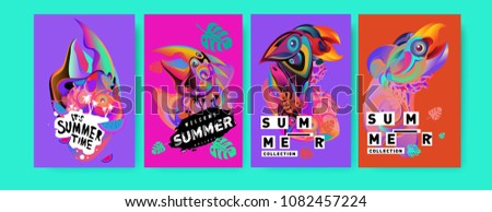 Vector colorful summer tropical collection poster and background. Bird and animal illustration for fashion and fabric printed. Set of summer collection in eps10.