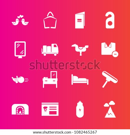 Premium set with fill vector icons. Such as label, paper, dove, love, bedroom, privacy, landscape, pin, home, animal, interior, mountain, banner, menu, nature, fun, fireplace, ball, bag, sale, fire, 