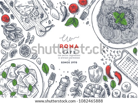 Italian restaurant menu top view illustration. Spagetti and ravioli table background. Engraved style illustration. Hero image. Vector illustration