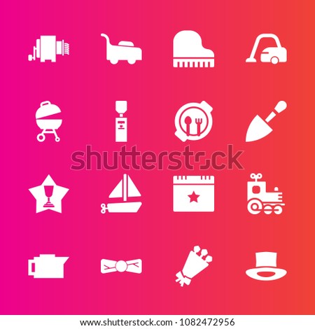 Premium set with fill vector icons. Such as mower, lawn, hat, coffee, drink, first, locomotive, cleaner, beautiful, train, achievement, blossom, ship, boat, espresso, transportation, grass, domestic
