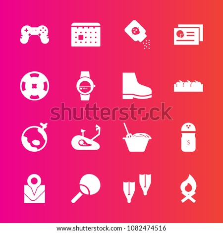Premium set with fill vector icons. Such as sport, table, pepper, fireplace, flame, bike, underwater, plane, campfire, travel, powder, report, ping, time, timetable, joystick, sea, food, airplane, day