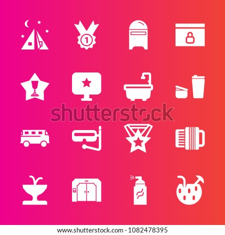 Premium set with fill vector icons. Such as snorkel, street, travel, graffiti, award, website, mask, transportation, internet, achievement, sign, abstract, cocktail, medal, mail, post, bus, sea, tent