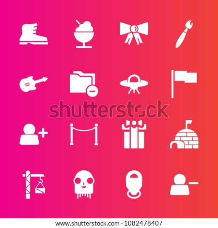 Premium set with fill vector icons. Such as gift, ice, sign, add, suit, location, bow, present, guitar, pictogram, folder, space, arctic, musical, paint, footwear, style, music, box, document, ufo