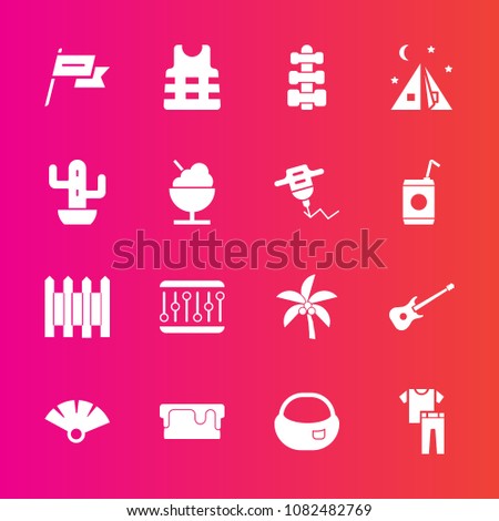 Premium set with fill vector icons. Such as cake, life, white, leaf, jacket, palm, safety, fitness, concept, tropical, pie, country, clothing, clothes, rucksack, tent, wall, nation, shirt, equipment
