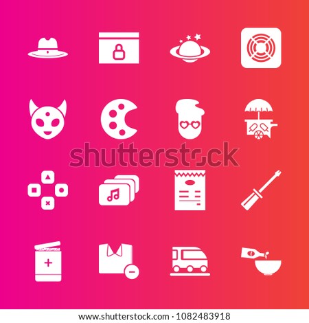 Premium set with fill vector icons. Such as lock, drink, dinner, cowboy, shirt, repair, game, menu, construction, transportation, vehicle, glass, fun, globe, file, equipment, space, music, computer