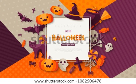 Halloween card with square frame and flat holiday icons on modern geometric background. Vector illustration. Place for your text.