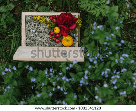 red peony, pink rose, orange Ranunculus and berries in a wooden box filled with moss on a green background