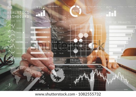 Intelligence (BI) and business analytics (BA) with key performance indicators (KPI) dashboard concept.Website designer working digital tablet and computer laptop and digital design diagram.

