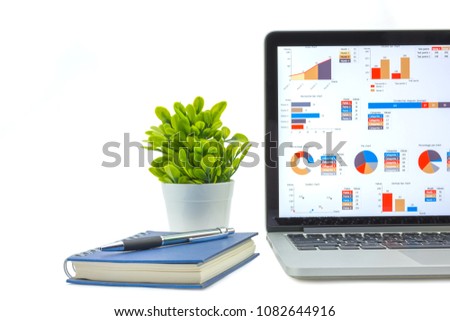 laptop with bar and pie charts on the screen with green leaves, book, and pen on white background