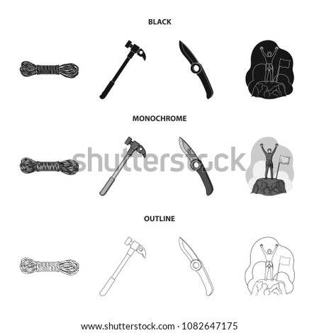 Climber on conquered top, coil of rope, knife, hammer.Mountaineering set collection icons in black,monochrome,outline style vector symbol stock illustration web.