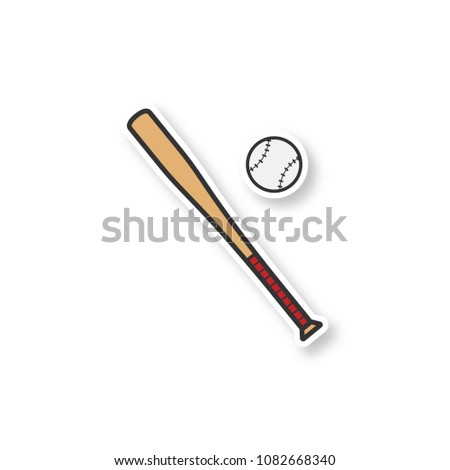 Baseball bat and ball patch. Color sticker. Softball player's equipment. Vector isolated illustration