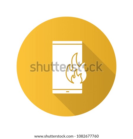 Fire emergency calling flat design long shadow glyph icon. Broken phone. Deadline. Smartphone with flame. Vector silhouette illustration