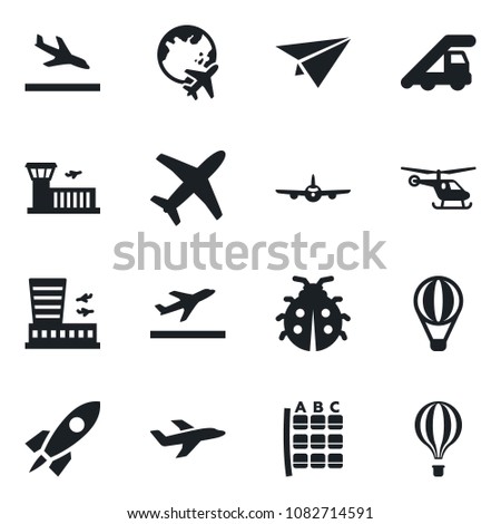 Set of vector isolated black icon - departure vector, arrival, ladder car, plane, helicopter, seat map, globe, airport building, lady bug, rocket, paper, air balloon