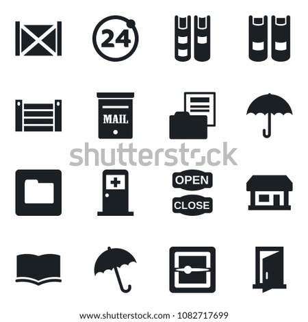 Set of vector isolated black icon - 24 around vector, umbrella, medical room, book, store, container, scanner, folder, document, mailbox, open close, door
