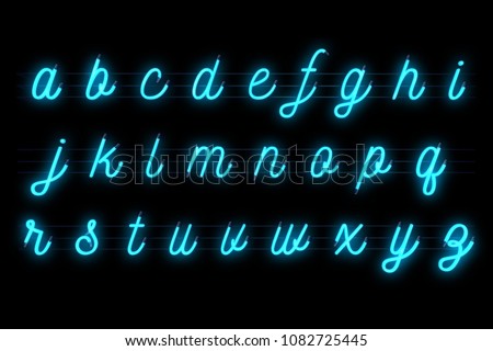neon font light blue alphabet letters word text series symbol sign on black background, neon letters alphabet decoration text for advertisement