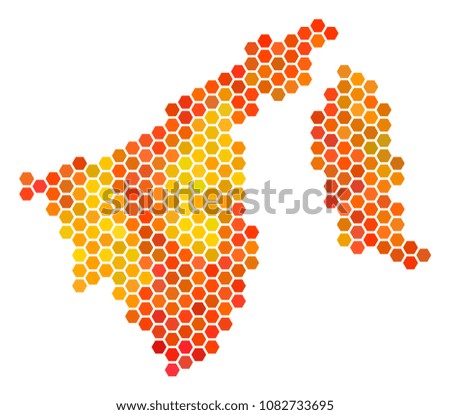 Brunei map. Vector honeycomb territory map using flame color tinges. Abstract Brunei map collage is designed with burn honeycomb elements.