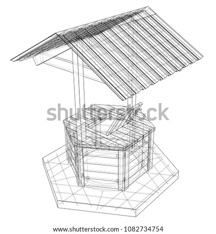 Water Well project. Vector rendering of 3d. Wire-frame style. The layers of visible and invisible lines are separated