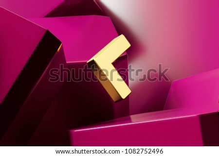 Golden Chevron Left Icon With the Magenta Glossy Boxes. 3D Illustration of Fine Golden Left, Arrow Left, Arrow, Chevron, Chevron Left Icon Set on the Magenta Geometric Background.