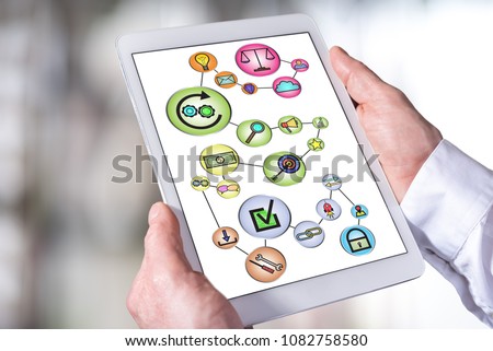 Man holding a tablet showing business connection concept